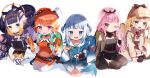  5girls :d absurdres animal_ears ao-chan_(ninomae_ina&#039;nis) backpack bag bangs black_dress black_gloves black_nails blonde_hair bloop_(gawr_gura) blue_choker blue_eyes blue_hair blue_hoodie blunt_bangs blush book bracer breasts brown_capelet brown_headwear brown_jacket brown_legwear brown_skirt capelet child choker closed_mouth collared_shirt commentary deerstalker detached_sleeves dress eyebrows_visible_through_hair food full_body gawr_gura gloves hair_ornament halo hat high-waist_skirt highres holding holding_book holding_food holding_magnifying_glass hololive hololive_english holomyth hood hoodie jacket long_hair long_sleeves looking_at_viewer low_wings magnifying_glass medium_hair midriff mori_calliope multicolored_hair multiple_girls nail_polish navel necktie ninomae_ina&#039;nis noi_mine one_eye_closed open_clothes open_jacket orange_hair orange_headwear orange_shirt orange_skirt pacifier parted_lips pink_hair pizza pizza_slice plaid plaid_skirt pointy_ears purple_eyes purple_hair red_eyes red_necktie see-through seiza shadow shark_hair_ornament sharp_teeth shirt shoes sidelocks silver_hair simple_background single_detached_sleeve single_thighhigh sitting skirt smile streaked_hair sunlight takanashi_kiara tako_(ninomae_ina&#039;nis) teeth tentacles thighhighs two-tone_hair two_side_up upper_teeth veil very_long_hair virtual_youtuber watson_amelia white_background white_headwear white_legwear white_shirt wings younger 