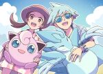  1boy 1girl :d ;d alolan_sandslash alternate_costume bangs blue_hair blue_shirt blue_sky blush_stickers bracelet brown_eyes brown_hair cloud floral_print hat jewelry jigglypuff looking_at_viewer lyra_(pokemon) official_alternate_costume one_eye_closed open_mouth pokemon pokemon_(creature) pokemon_(game) pokemon_masters_ex ring shirt short_hair sky smile steven_stone sunglasses teeth twintails upper_teeth zeroki_(izuno) 