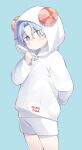  1boy animal_costume blue_background blue_eyes blue_hair clothes hair_between_eyes hasegawa_langa highres hood hoodie horns looking_at_viewer male_focus multiple_boys red_hair sheep_costume sheep_horns shirt short_hair shorts sk8_the_infinity uppi 