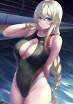  1girl aqua_eyes arm_behind_back bangs black_swimsuit blonde_hair blush braid braided_ponytail breasts cleavage cleavage_cutout clothing_cutout competition_swimsuit covered_navel cowboy_shot dutch_angle eyebrows_visible_through_hair hair_between_eyes hand_up highleg highleg_swimsuit highres large_breasts long_hair looking_at_viewer medium_breasts mole mole_under_eye nervous_smile night one-piece_swimsuit original outdoors pool poolside sidelocks solo standing swimsuit water wet wet_clothes wet_swimsuit yappe 