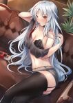  1girl artist_request azur_lane bangs bare_shoulders black_bra black_legwear black_shorts blush bra breasts couch eyebrows_visible_through_hair highres large_breasts long_hair looking_at_viewer mole mole_on_breast multicolored_hair off_shoulder official_alternate_costume parted_bangs red_eyes red_hair shorts silver_hair solo streaked_hair tallinn_(azur_lane) tallinn_(nostalgic_pilsner)_(azur_lane) thighhighs thighs underwear very_long_hair 