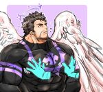  1boy abs angel angel_wings bara beard biceps black_hair bodysuit confused duplicate facial_hair halo highres kizami_nori_to_yamaimo large_pectorals male_focus manly mature_male muscular muscular_male nether_angel_(housamo) pectoral_squeeze pectorals pixel-perfect_duplicate solo sparkle spiked_hair thick_arms thick_eyebrows tight tokyo_afterschool_summoners veiny_arms wings yellow_eyes 
