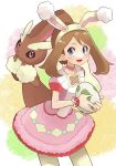  1girl animal_ears bangs blush brown_hair choker egg eyelashes fake_animal_ears grey_eyes hairband highres holding holding_egg looking_to_the_side lopunny may_(pokemon) moegi_itsukashi official_alternate_costume open_mouth pantyhose pokemon pokemon_(creature) pokemon_(game) pokemon_egg pokemon_masters_ex purple_choker shiny shiny_hair smile tongue wrist_cuffs yellow_hairband yellow_legwear 