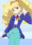  1girl big_hair blonde_hair blue_legwear closed_mouth crossed_legs drill_hair green_eyes highres long_hair looking_at_viewer luna_platz_(mega_man) mega_man_(series) mega_man_star_force nozumu pantyhose smile solo striped striped_legwear twin_drills twintails 