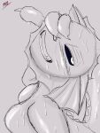  anthro black_eyes black_sclera blush blush_lines bodily_fluids breasts crazed_look eeveelution fangs featureless_breasts female grey_background half-closed_eyes hand_on_face hi_res looking_at_viewer looking_up narrowed_eyes nintendo nude pok&eacute;mon pok&eacute;mon_(species) sharp_teeth simple_background smile solo sweat sweatdrop teeth vaporeon video_games wet wide_smile word360 yandere 