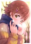  1girl absurdres blurry blurry_background blush bokeh breath brown_hair depth_of_field head_tilt highres honda_mio idolmaster idolmaster_cinderella_girls looking_at_viewer outdoors ribbed_sweater scarf shiro_(branch0126) short_hair solo sparkle sweater upper_body 