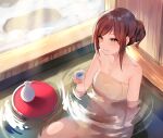  1girl bangs bare_shoulders bathhouse blurry bottle brown_hair choko_(cup) closed_mouth collarbone commentary commission cup eyebrows_visible_through_hair forehead highres holding holding_cup indoors looking_afar naked_towel onsen original parted_bangs sake_bottle sidelocks sitting skeb_commission smile solo steam tied_hair towel virtual_youtuber yellow_eyes yoshimori_isa 