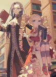  1boy 1girl ascot beatrice_(re:zero) blonde_hair blue_eyes blurry book bookshelf capelet closed_mouth coat commentary_request crown dress drill_hair earrings eyelashes frills frown fur-trimmed_capelet fur_trim gloves hair_ribbon high_collar highres holding holding_book indoors jewelry library long_hair long_sleeves mini_crown multicolored_hair pants pantyhose parupin pink_legwear pink_ribbon re:zero_kara_hajimeru_isekai_seikatsu red_dress ribbon roswaal_a._mathers shoes short_eyebrows sidelocks smile standing streaked_hair striped striped_legwear symbol-shaped_pupils twin_drills twintails white_ascot white_gloves 