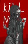  1boy absurdres black_coat black_hair coat cyborg english_text freckles highres horns long_hair looking_at_viewer original red_background red_eyes smile xinggong_shili yandere 