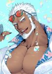  1boy aegir_(housamo) anchor_earrings aqua_hair bara beard blue_background blue_eyes bubble dark-skinned_male dark_skin earrings eyewear_on_head facial_hair fangs fangs_out fish_boy highres hio_tksr05 jewelry large_pectorals male_focus mature_male multicolored_hair muscular muscular_male open_clothes open_mouth open_shirt pectorals pointing pointing_at_self scales short_hair signature single_earring smile solo streaked_hair sunglasses thick_eyebrows tokyo_afterschool_summoners twitter_username white_hair 