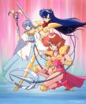  1990s_(style) asou_valna asou_yuuko bangs bikini blue_eyes blue_hair boots bracer cham_(valis) choker company_name copyright dress fang glint holding holding_staff holding_sword holding_weapon holding_whip horns knee_boots long_hair long_pointy_ears medium_hair mugen_senshi_valis non-web_source pink_footwear pointy_ears red_hair red_scarf retro_artstyle scarf silver_hair single_horn squatting staff standing strapless strapless_bikini swimsuit sword two-handed valis weapon whip yellow_footwear 