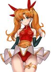  1girl absurdres aqua_eyes bangs bare_shoulders blush bow breasts closed_mouth commentary_request gold_trim hair_bow highleg highleg_leotard highres langrisser langrisser_iii leotard long_hair looking_at_viewer mhg_(hellma) miniskirt orange_hair pleated_skirt red_leotard simple_background skirt sleeveless small_breasts smile solo thigh_strap thighs tiaris_(langrisser) tied_hair turtleneck twintails white_background 