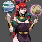  1girl belt black_shirt bracelet breasts choker cleavage colored_sclera earth_(ornament) gold gold_belt hecatia_lapislazuli highres jewelry lips moon_(ornament) off-shoulder_shirt off_shoulder praeto red_eyes red_hair shirt simple_background snake solo touhou white_background yellow_sclera 
