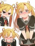  1girl :i :t abukuma_(kancolle) abukuma_kai_ni_(kancolle) bangs bike_shorts bike_shorts_under_skirt black_gloves blonde_hair blue_eyes blush closed_eyes closed_mouth commentary double_bun fingerless_gloves gloves grey_skirt highres kantai_collection laco_soregashi long_hair multiple_views nose_blush pout sailor_collar school_uniform serafuku short_sleeves simple_background skirt sweat tears twintails twitter_username white_background 