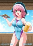  1girl alcohol animal_hat animal_print beer blue_headwear breasts competition_swimsuit covered_navel fish_print green_eyes groin hat kousei_(public_planet) large_breasts okunoda_miyoi one-piece_swimsuit pink_hair solo swimsuit touhou whale_hat whale_print 