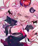  1girl bangs bear_hair_ornament black_shirt blue_eyes blush bow breasts choker cleavage collarbone crown danganronpa_(series) enoshima_junko eyebrows_visible_through_hair hair_ornament highres kuroume_(aihikarikuroume24) large_breasts long_hair looking_at_viewer mini_crown nail_polish necktie open_mouth pink_hair school_uniform shirt simple_background skirt sleeves_rolled_up smile solo tongue tongue_out twintails white_background 