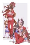  6+girls ahoge animal_ears blue_shorts braid brown_footwear child closed_eyes crossed_arms cup disposable_cup drinking highres holding holding_cup horse_ears horse_girl horse_tail hug jacket jitome long_hair mejiro_bright_(umamusume) mejiro_dober_(umamusume) mejiro_ryan_(umamusume) multicolored_hair multiple_girls one_knee ponytail purple_shirt red_footwear red_jacket red_legwear sailor_collar school_uniform shirt shoes shorts skirt sneakers standing streaked_hair sweatdrop symboli_rudolf_(umamusume) tail thighhighs tokai_teio_(umamusume) tracen_school_uniform track_jacket track_suit tsurumaru_tsuyoshi two-tone_hair umamusume white_legwear white_skirt yoshida_(ne) younger 