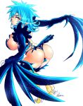  1girl artist_name bird_legs blue_feathers blue_hair blue_wings breasts cameltoe commentary corset_piercing eye_trail feathered_wings feathers from_behind harpy highres large_breasts long_hair maria_(zippedsquire) monster_girl original simple_background solo tail_feathers talons white_background winged_arms wings yellow_eyes zippedsquire 