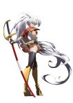  1girl absurdly_long_hair absurdres armor armored_boots ass bangs black_panties boots fingerless_gloves full_body gloves high_ponytail highres holding holding_sword holding_weapon langrisser langrisser_iii langrisser_mobile long_hair luna_(langrisser) official_art panties pauldrons photoshop_(medium) red_eyes sheath sheathed shoulder_armor simple_background smile standing sword thighhighs underwear very_long_hair weapon white_background white_hair 