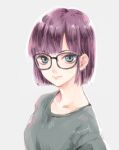  1girl artist_name blue_eyes breasts chrono_trigger closed_mouth glasses looking_at_viewer lucca_ashtear purple_hair short_hair simple_background smile solo takanamushi 