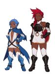  2girls absurdres armor armored_boots bare_shoulders black_gloves blue_capelet blue_eyes blue_hair boots braid breastplate capelet commentary dark-skinned_female dark_skin dress elbow_gloves elf elfheim english_commentary fingerless_gloves flat_chest full_body gauntlets gloves hair_ornament hair_over_one_eye hands_on_hips height_difference heterochromia highres legs_apart long_hair looking_at_viewer multiple_girls navel navy_sapphyr original plunging_neckline pointy_ears purple_eyes red_eyes red_hair roan_sapphyr scar scar_on_chest scar_on_face short_hair siblings simple_background sisters spiked_hair standing sunna_(nilsunna) thick_eyebrows thighhighs vambraces waist_cape white_background white_dress white_gloves white_legwear x_hair_ornament 