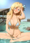  1girl arm_up bangs barefoot beach beach_house bikini blue_bikini blue_eyes blush boku_wa_tomodachi_ga_sukunai breasts building butterfly_hair_ornament caustics collarbone convenient_leg day film_grain groin hair_ornament hand_on_own_head head_tilt highres kashiwazaki_sena kuroneko_pantsu large_breasts looking_at_viewer lotus_position navel on_ground open_mouth outdoors parted_bangs partially_submerged rock saliva sanpaku side-tie_bikini sitting skindentation solo string_bikini suggestive_fluid swimsuit underboob untied untied_bikini untying water wet 