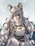  1girl :&lt; animal_ears arknights bad_id bad_pixiv_id ball bare_tree beachball bell black_cape blush braid cape dated grey_eyes grey_hair hair_intakes highres holding holding_ball holding_beachball holding_bell leopard_ears long_hair looking_at_viewer outdoors pramanix_(arknights) shiro_albino side_braids snowflakes solo sweater tiara tree turtleneck turtleneck_sweater upper_body very_long_hair white_sweater 