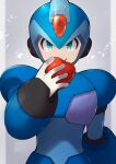  1boy android apple armor commentary_request covering_mouth dated food fruit green_eyes hand_up helmet highres holding holding_food holding_fruit looking_at_viewer male_focus mega_man_(series) mega_man_x_(character) mega_man_x_(series) mega_man_x_dive shadow simple_background solo tobitori 