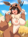  ! !! 1girl absurdres blurry blurry_background blush breasts brown_hair cloud commentary cosplay cowboy_shot day eevee eevee_(cosplay) eevee_ears eevee_tail eyebrows_visible_through_hair fake_tail field full-face_blush full-length_zipper fur_collar hagarza_p hair_between_eyes hands_up highres hood hood_up huge_breasts long_sleeves medium_hair navel nipples no_bra older open_clothes open_mouth outdoors paw_pose poke_kid_(pokemon) pokemon pokemon_(game) pokemon_ears pokemon_swsh pokemon_tail sky sleeveless smile solo stomach surprised sweat tail unzipped wardrobe_malfunction zipper 