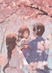  1boy 2girls animal_ears arknights blue_shirt blurry blurry_foreground braid branch brown_eyes brown_hair cherry_blossoms closed_mouth commentary_request day depth_of_field dress eyjafjalla_(arknights) flower horns ling_nian_dolly long_hair multiple_girls outdoors pink_flower puffy_short_sleeves puffy_sleeves purple_dress sheep_boy sheep_ears sheep_girl sheep_horns shirt short_sleeves single_braid smile tree very_long_hair white_dress white_shirt wide_sleeves wind_chime younger 