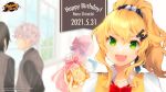  2boys 2girls bag black_scrunchie blonde_hair blurry blurry_background bow bowtie candy character_name collared_shirt copyright copyright_name dated depth_of_field faceless faceless_male fang food green_eyes hair_ornament happy_birthday highres holding holding_bag holding_candy holding_food kotsuru_kari logo looking_at_viewer mahjong mahjong_soul mahjong_tile multiple_boys multiple_girls official_art official_wallpaper open_mouth ponytail red_bow scrunchie shirt white_shirt window yostar 