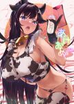  1girl 2021 akeome amasora_taichi animal_ears animal_print bangs bell bent_over black_gloves black_hair blue_eyes blush bottle breasts chinese_zodiac choker cleavage commentary_request cow_ears cow_horns cow_print cowbell dated gloves hands_up happy_new_year highres holding holding_bottle horns huge_breasts leash long_hair looking_at_viewer milk milk_bottle navel neck_bell new_year open_mouth original print_legwear reward_available solo thighhighs very_long_hair white_legwear year_of_the_ox yellow_choker 