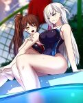  2girls akeyama_kitsune alternate_costume arms_behind_back asymmetrical_docking azur_lane bangs barefoot blue_eyes blush breast_press breasts brown_hair closed_mouth competition_swimsuit eyebrows_visible_through_hair feet_out_of_frame hair_ornament huge_breasts light_brown_eyes long_hair looking_at_another mole mole_under_eye multiple_girls on_water one-piece_swimsuit open_mouth ponytail pool purple_swimsuit shoukaku_(azur_lane) sitting smile soles swimsuit symmetrical_docking thighs wet wet_clothes wet_swimsuit white_hair zuikaku_(azur_lane) 