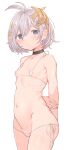  areola_slip areolae arms_behind_back bangs bare_arms bare_shoulders bikini black_choker blue_eyes blush breasts choker closed_mouth collarbone commentary_request earrings eyebrows_behind_hair granblue_fantasy grey_hair groin hair_between_eyes highres jewelry looking_at_viewer makabe_gorou micro_bikini navel side-tie_bikini simple_background small_breasts stud_earrings swimsuit white_background white_bikini yuni_(granblue_fantasy) 