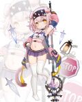  1girl absurdres adapted_costume animal_ears arknights arm_up armpits black_choker black_hairband blue_bow bow braid cat_ears cat_tail choker crop_top full_body goldenglow_(arknights) hair_bow hairband highres kuroshiroemaki lightning_bolt_print long_hair long_sleeves looking_at_viewer microskirt midriff navel no_shoes pink_hair pleated_skirt purple_skirt road_sign sign single_braid skirt solo staff stomach stop_sign tail thighhighs thighs white_background white_legwear yellow_eyes younger zoom_layer 