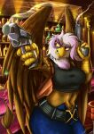  anthro avian belt black_lagoon bottomwear clothing dual_wielding female friendship_is_magic gilda_(mlp) gryphon gun handgun hasbro hi_res holding_object holding_weapon james_corck my_little_pony mythological_avian mythology pistol ranged_weapon revy_(black_lagoon) skirt solo topwear voice_actor_joke weapon 