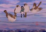  1girl animal bangs bird bird_request black_hair black_legwear black_skirt cable chinese_commentary cityscape closed_eyes cloud cloudy_sky flock green_hoodie head_tilt highres hood hoodie knees_together_feet_apart long_sleeves mary_janes medium_hair mountainous_horizon original oversized_animal painting_(medium) purple_sky red_scarf scarf shoes sitting skirt sky solo sunset traditional_media watercolor_(medium) ya_yan 