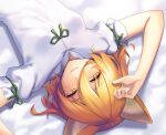  1girl animal_ears arms_up bangs bed blonde_hair blush bow breasts closed_mouth commentary_request eyebrows_visible_through_hair eyes_visible_through_hair fingernails fox_ears green_bow hair_between_eyes hands_up highres kudamaki_tsukasa long_fingernails looking_up lying on_back puffy_short_sleeves puffy_sleeves romper shadow short_hair short_sleeves small_breasts smile solo tarmo touhou white_romper yellow_eyes 