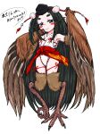  1girl absurdly_long_hair animal_ears animal_hands bird_legs black_hair blue_eyes blush_stickers brown_feathers brown_wings commission digitigrade harpy hat highres long_hair looking_at_viewer monster_girl olsa_(oftintys) original skeb_commission smile solo talons thick_eyebrows tokin_hat translation_request very_long_hair white_background winged_arms wings 