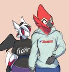 2022 anthro avian beak bird breasts clothed clothing conditional_dnp digital_media_(artwork) duo female non-mammal_breasts qualzar simple_background standing 