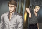  2boys artist_name bangs belt black_belt black_pants blonde_hair brown_eyes brown_hair closed_mouth collared_shirt facial_hair grey_shirt highres jean_kirchstein looking_at_another male_focus multiple_boys pants parted_lips pectoral_cleavage pectorals reiner_braun shingeki_no_kyojin shirt short_hair sleeves_rolled_up stubble urielbeaupre15 white_shirt 