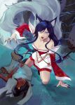  1boy 1girl absurdres ahri_(league_of_legends) akshan_(league_of_legends) animal_ear_fluff animal_ears bangs bare_shoulders black_hair blue_eyes braid breasts brown_pants cleavage closed_eyes collarbone dark-skinned_male dark_skin detached_sleeves facial_mark fangs fox_ears fox_tail highres jellyjelly large_breasts league_of_legends long_hair magic nail_polish one_knee pants red_nails shiny shiny_hair tail teeth tree vastaya whisker_markings 