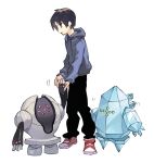  1boy bangs black_eyes black_hair black_pants bright_pupils closed_mouth commentary_request grey_jacket holding_hands hood hood_down hooded_jacket jacket looking_down male_focus newo_(shinra-p) pants pokemon pokemon_(creature) red_eyes red_footwear regice registeel shoes short_hair simple_background smile sneakers white_background white_pupils yellow_eyes 