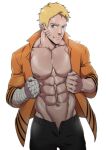  1boy abs absurdres artist_name bandaged_arm bandages bara bare_pectorals black_pants blonde_hair blue_eyes closed_mouth collared_shirt facial_mark highres large_pectorals male_focus muscular muscular_male naruto naruto_(series) naruto_shippuuden navel nipples open_clothes open_pants open_shirt orange_shirt pants pectorals shirt short_hair smile solo suyohara uzumaki_naruto whisker_markings 
