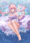 1girl air_bubble artist_name bare_legs barefoot barefoot_sandals blush breasts brooch bubble cleavage closed_mouth commentary_request convenient_leg detached_collar detached_sleeves dress fish flower frilled_dress frills full_body gem genshin_impact gradient_hair hair_ornament hair_rings highres jewelry lixiang_guo_alice long_hair medium_breasts multicolored_hair purple_background purple_eyes purple_hair sangonomiya_kokomi short_dress short_sleeves sidelocks sitting smile solo twintails two-tone_dress underwater very_long_hair vision_(genshin_impact) white_dress wide_sleeves 