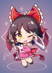  1girl absurdres ascot bangs black_hair blush bow chibi cookie_(touhou) eyebrows_visible_through_hair frilled_bow frilled_hair_tubes frilled_shirt_collar frilled_skirt frills full_body hair_bow hair_tubes hakurei_reimu highres holding holding_wand inabahitomi looking_at_viewer magical_girl medium_hair one_eye_closed open_mouth pink_shirt pink_skirt red_bow sananana_(cookie) sarashi shirt skirt smile solo touhou v v-shaped_eyebrows wand yellow_ascot yellow_eyes yin_yang 