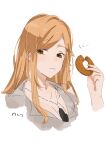  1girl artist_name bangs blonde_hair breasts brown_eyes cleavage closed_mouth cropped_torso doughnut eating eyebrows_visible_through_hair food girls&#039;_frontline grey_shirt highres holding holding_food jewelry long_hair looking_at_viewer m2hb_(girls&#039;_frontline) medium_breasts necklace shirt solo sutekina_awa upper_body white_background 