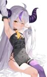  1girl absurdres ahoge armpits ascot avant_garde_(artist) blush breasts closed_mouth commentary_request demon_horns eyebrows_visible_through_hair highres hololive horns invisible_chair la+_darknesss long_hair multicolored_hair o-ring one_eye_closed pointy_ears purple_hair purple_legwear silver_hair single_thighhigh sitting small_breasts stretch striped_horns thighhighs virtual_youtuber yellow_ascot 