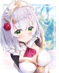  1girl ascot bangs blurry blurry_background blush braid breasts closed_mouth commentary_request depth_of_field eyebrows_visible_through_hair flower fuuna genshin_impact green_eyes grey_hair hair_flower hair_ornament heart highres looking_at_viewer medium_breasts noelle_(genshin_impact) red_ascot red_flower red_rose rose smile solo upper_body 