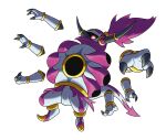  absurdres black_horns bright_pupils claws colored_skin commentary english_commentary extra_arms full_body glowing glowing_eyes grey_skin highres hoopa hoopa_(unbound) horns hyshirey long_hair one-eyed pokemon pokemon_(creature) ponytail purple_hair purple_skin red_eyes solo standing tail underlighting white_pupils 